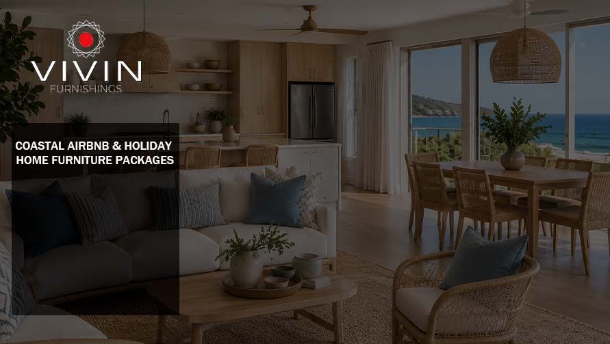 Coastal Airbnb holiday home interior with modern furniture package