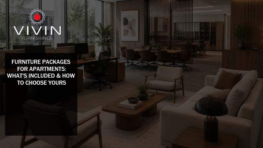 Modern apartment furniture package featuring lounge seating, coffee table, workspace, and dining furniture