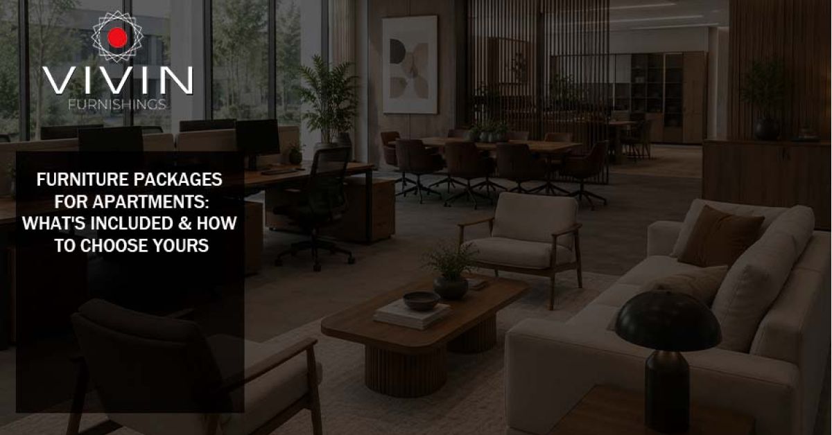 Modern apartment furniture package featuring lounge seating, coffee table, workspace, and dining furniture