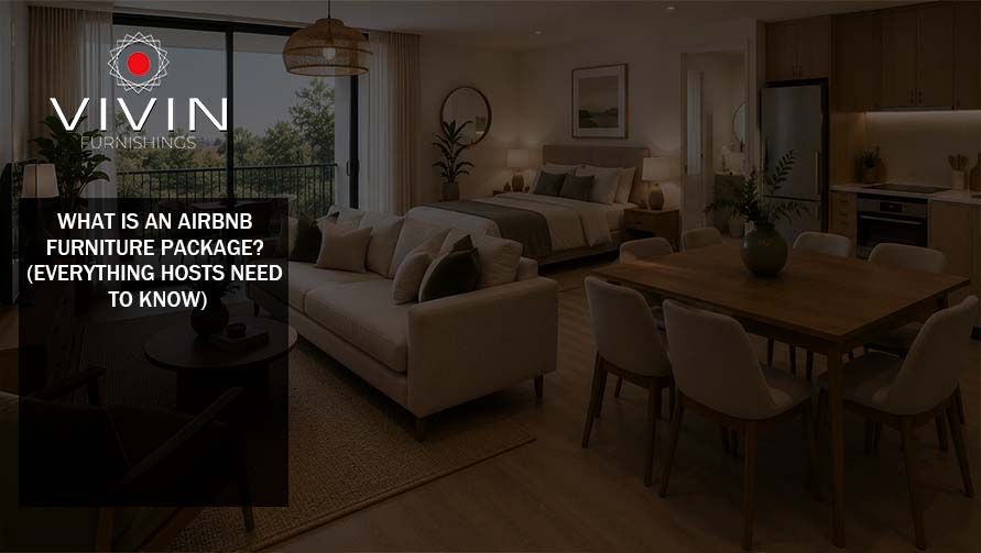 Modern Airbnb apartment furnished with a complete furniture package including living, dining, bedroom, and kitchen areas