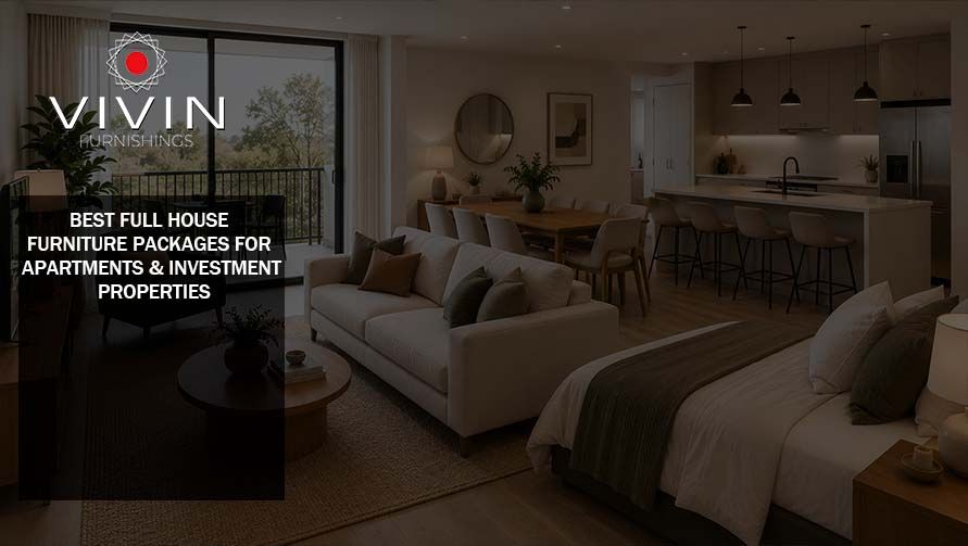 Fully furnished apartment showcasing a complete furniture package with living room, bedroom, dining area, and modern décor