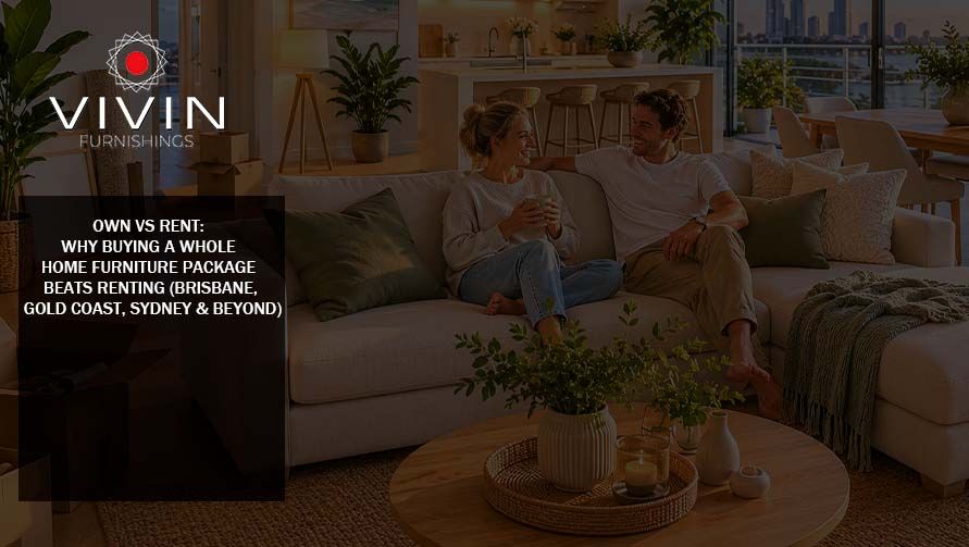 Couple relaxing in stylish furnished living room with complete home furniture package