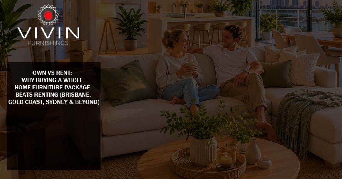 Couple relaxing in stylish furnished living room with complete home furniture package