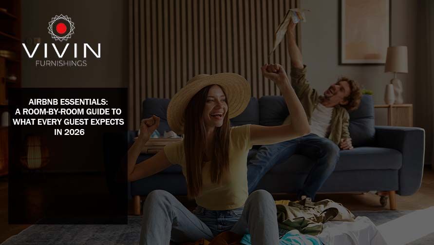 happy couple relaxing in a stylish living room representing ideal airbnb guest experience