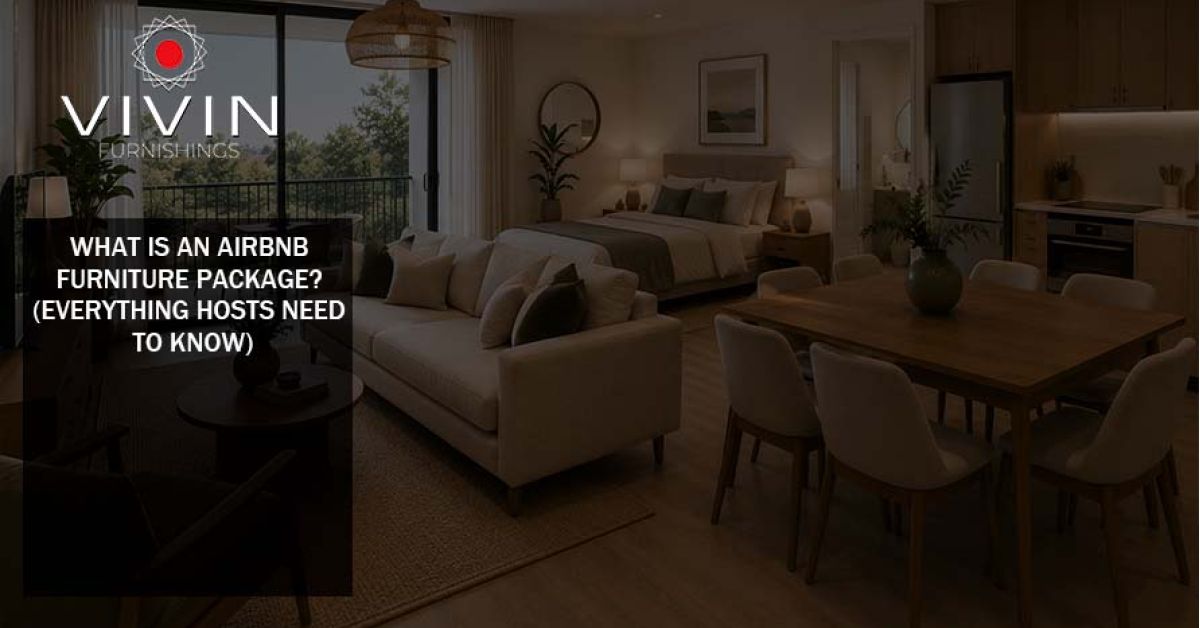Modern Airbnb apartment furnished with a complete furniture package including living, dining, bedroom, and kitchen areas