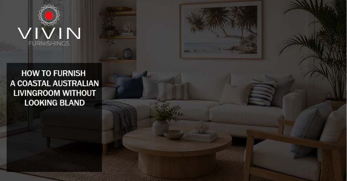 Coastal Australian living room furnished with neutral sofas, natural textures and timber furniture