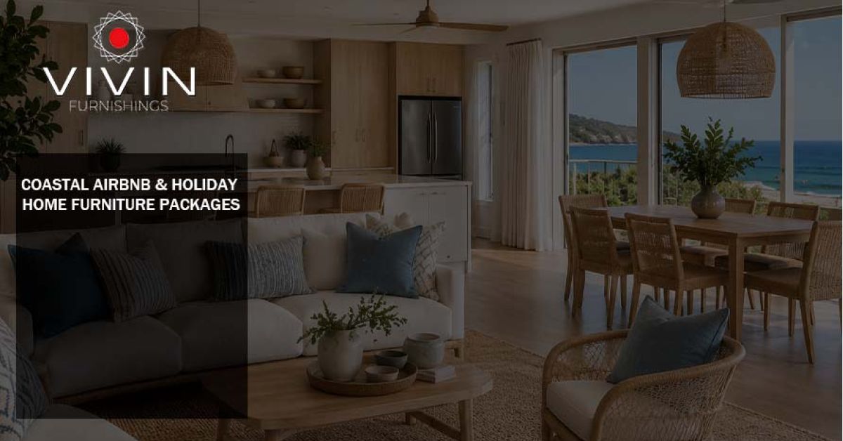 Coastal Airbnb holiday home interior with modern furniture package